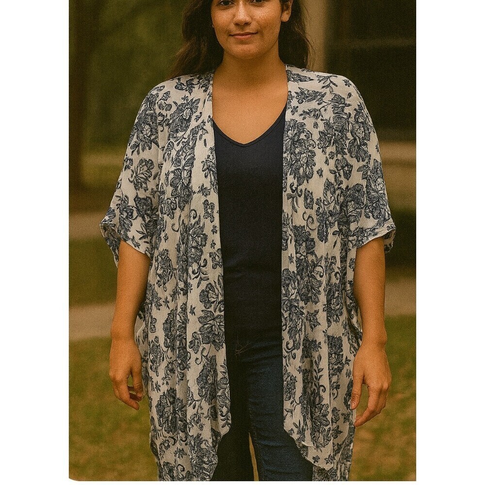 Eyeshadow navy blue and white open front cardigan swimsuit cover up SZ XL